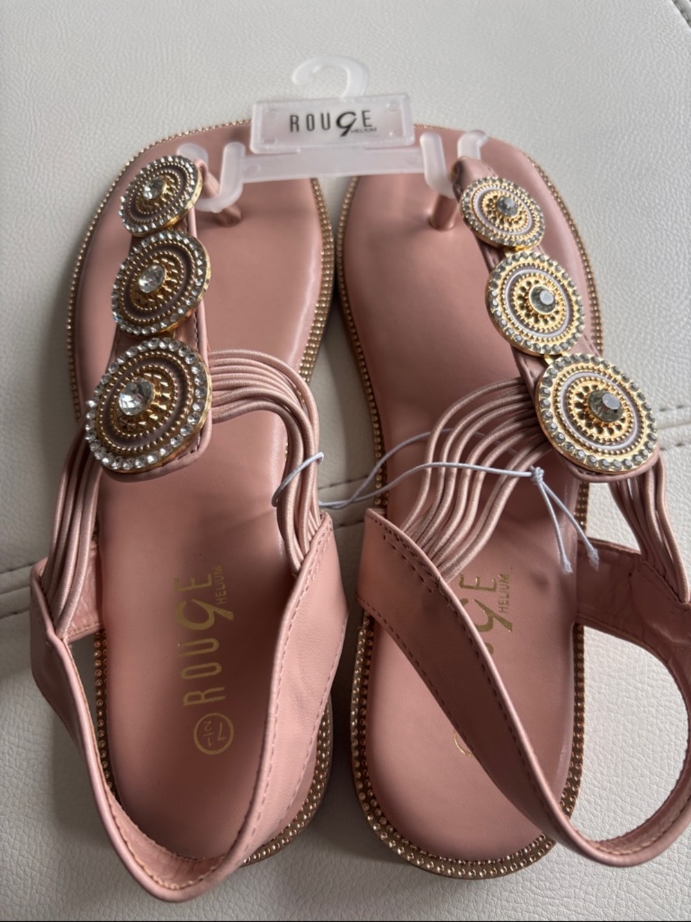 Rouge Helium Pink Embellished T-Strap Sandals with Gold Accents
